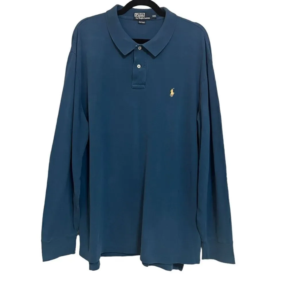 Vintage‎ Polo Ralph Lauren Men’s XXL Long Sleeve Collared Shirt Navy Knit Pony